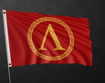 May include: A red flag with a gold circle and the letter 'A' inside. The circle has a Greek key design around the edge.