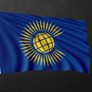 Könnte beinhalten: Eine blaue Flagge mit einer gelben Sonne und einem Globus in der Mitte. Die Flagge weht im Wind.