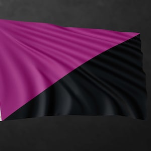 May include: A black and pink flag with a diagonal line dividing the flag into two triangles. The top triangle is pink and the bottom triangle is black.