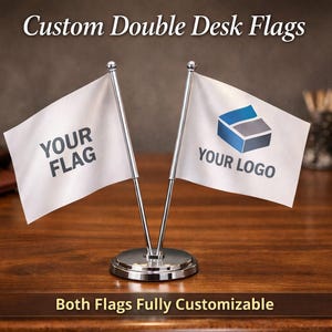 Flaga na biurko z podwójnym masztem – spersonalizowana flaga na biurko z metalowym stojakiem, prezent dla firm i firm