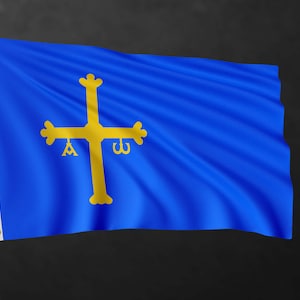 May include: A blue flag with a gold cross and a triangle with a letter A inside. The cross has three bells hanging from it.