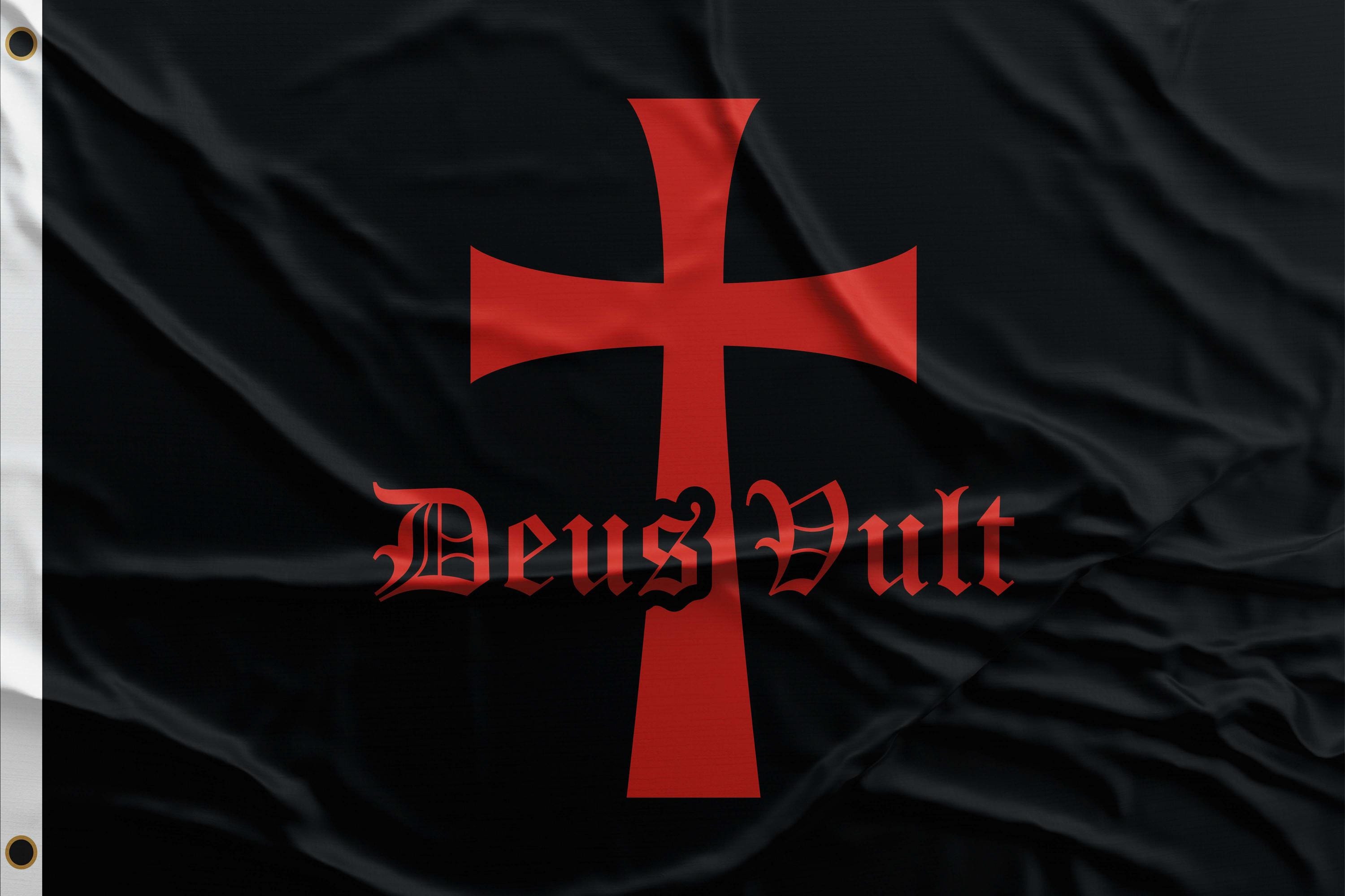 Deus Vult Black Flag – Red Templar Cross Banner, Medieval Crusader Flag