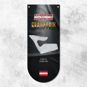 Formule 1 Oostenrijkse Grand Prix-wimpelvlag | F1-circuitkaarten | F1-circuitkaarten | Hoogwaardige materialen | Afmeting: 50 x 120 cm