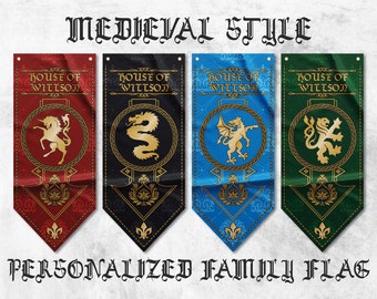Gagliardetti di famiglia in stile medievale personalizzabili / Gagliardetti personalizzati a coda di rondine / Materiali di alta qualità / Dimensioni: 50x120 cm