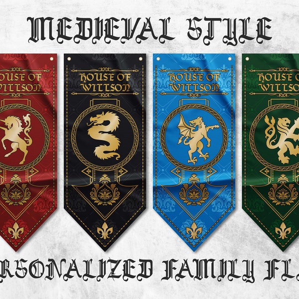 Customizable Medieval Style Family Pennants | Personalized Swallowtail Pennants | High Quality Materials | Size: 50x120 cm