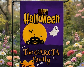 Personalized Halloween Garden Flag with Family Name – Custom Spooky Yard Decor, Pumpkin Ghost Skeleton House Banner | Size: 30x45 cm
