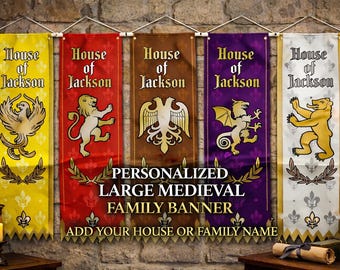 Personalized Medieval Family Banner Flag – Large Custom House Name Wall Hanging, Fantasy Game Room & Man Cave Decor | Size: 50x200 cm