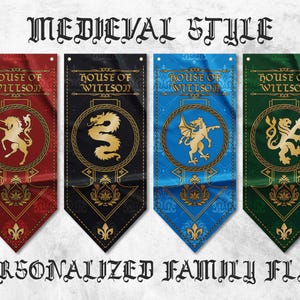 May include: Four vertical rectangular banners in red, black, blue, and green, each featuring the text "HOUSE OF WITTSON" and a gold mythical creature emblem. The banners have pointed bottoms with a gold fleur-de-lis and decorative patterns.