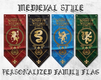 Bandeira familiar medieval personalizada, estandarte personalizado para casa, bandeira heráldica com nome de família, decoração de castelo gótico, brasão personalizado para pendurar na parede