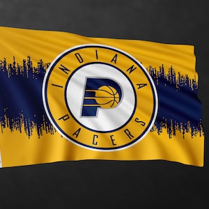 May include: A yellow and blue flag with a white circle containing a blue "P" and a basketball. The circle has the text "Indiana Pacers" around it. The flag has a blue and yellow wavy pattern.