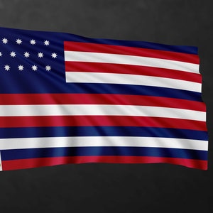 Puede incluir: Una bandera azul y roja con 13 franjas horizontales y 13 estrellas blancas en un círculo en el cantón. La bandera ondea al viento.