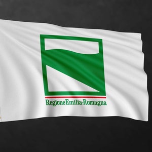 May include: White flag with a green and white logo of a stylized wave inside a square. The text "Regione Emilia-Romagna" is below the logo.