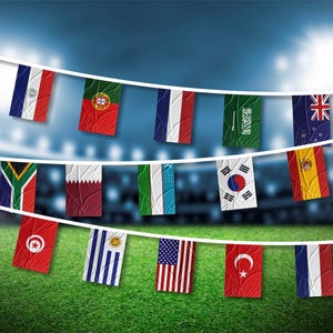 May include: A string of rectangular pennant flags featuring various national designs, including Panama, Paraguay, Portugal, France, Saudi Arabia, New Zealand, Senegal, Scotland, South Africa, Qatar, Uzbekistan, South Korea, Spain, Sweden, Switzerland, Tunisia, Uruguay, USA, Turkey, and DR Congo.