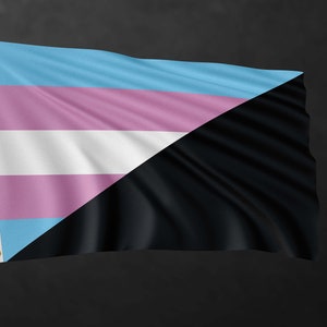Puede incluir: Una bandera del orgullo transgénero con un triángulo negro en la esquina inferior derecha. La bandera es azul claro, rosa, blanca y negra.