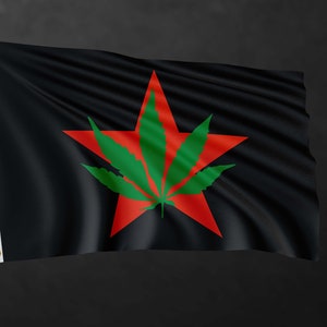Puede incluir: Una bandera negra con una estrella roja de cinco puntas que presenta una hoja de marihuana verde en el centro.