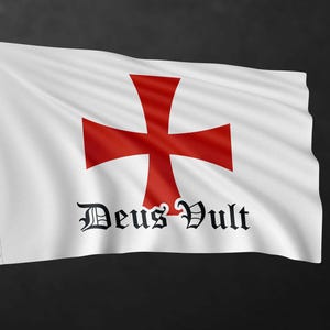 May include: White flag with a red cross design and the words "Deus Vult" in black gothic script. The flag is waving, with a black background.