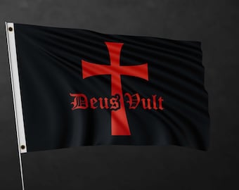 Deus Vult schwarze Flagge - rotes Templerkreuz, mittelalterliche Kreuzritter-Flagge, gotischer Tempelritter-Dekor, historische Kriegsfahne