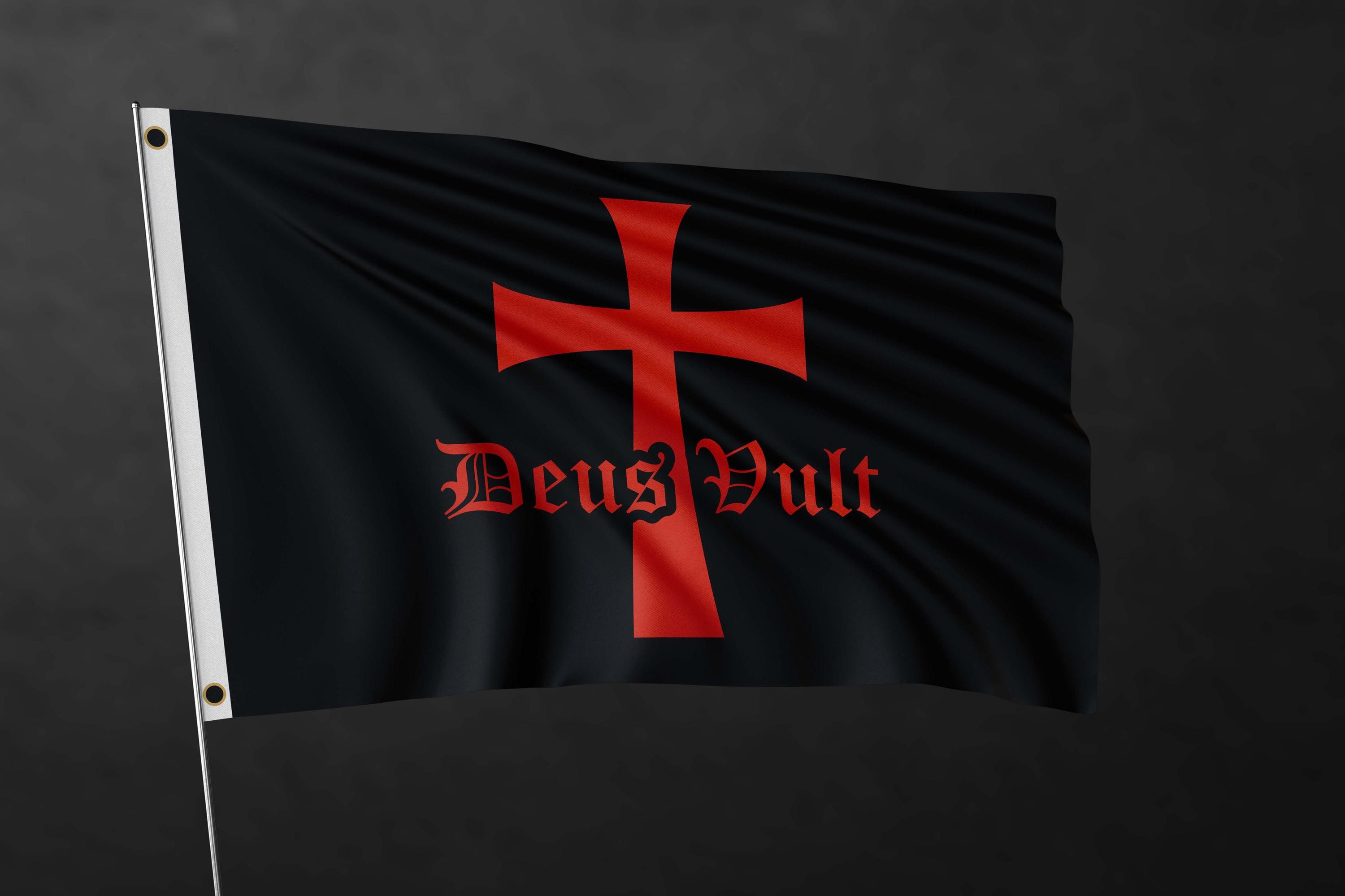 Deus Vult Black Flag – Red Templar Cross Banner, Medieval Crusader Flag
