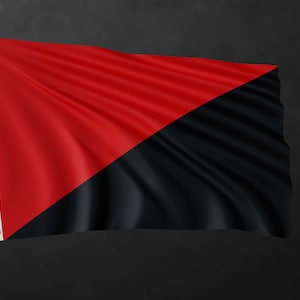 Könnte beinhalten: Eine rechteckige Flagge mit einer diagonalen Teilung von oben links nach unten rechts, bestehend aus einem leuchtend roten oberen Dreieck und einem einfarbig schwarzen unteren Dreieck. Die Flagge hat einen weißen vertikalen Streifen mit zwei Ösen.