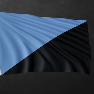 May include: A blue and black flag with a diagonal line dividing the flag. The top half of the flag is blue and the bottom half is black.