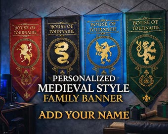 Personalisierte mittelalterliche Familie Banner Flagge - benutzerdefinierte Haus Name Wandbehang, Fantasy Spielzimmer & Mann Höhle Dekor Geschenk