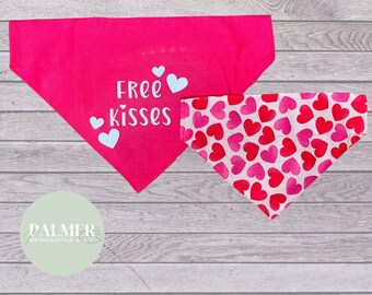 Valentines Dog Bandana -Over the Collar–Free Kisses and Hearts– Reversible – Slides on Collar