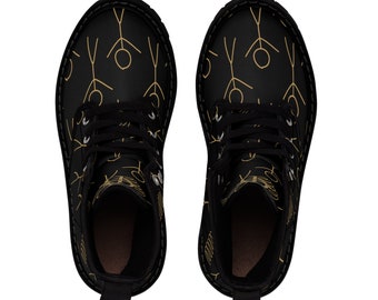 Back in Black Women's Canvas Boots Gold Linear Pattern Combats Black Rubber Soles CBDBs Original Brand Designs