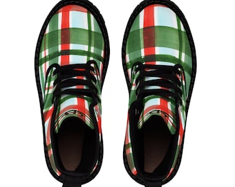 Mad About Plaid Women's Canvas Boots Red and Green Tartan Classic Combats Black Rubber Soles CBDBs Original Brand Designs