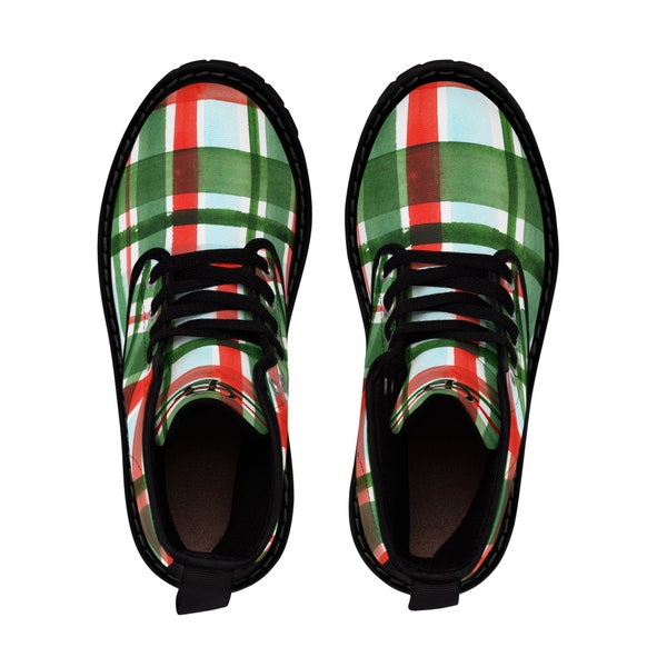 Mad About Plaid Women's Canvas Boots Red and Green Tartan Classic Combats Black Rubber Soles CBDBs Original Brand Designs