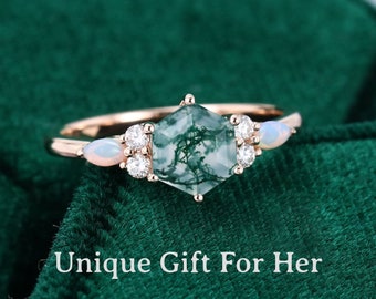 Unique Moss Agate Opal Engagement Ring, Hexagon Cut Art Deco Wedding Band, Sterling Silver Ring Natural Agate Promise Ring, Green Gemstone