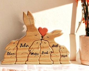 Puzzle con famiglia di conigli in legno, puzzle con nome di famiglia inciso, regalo ricordo della famiglia di conigli, famiglia di animali, regalo per bambini, regalo per la festa della mamma per lei