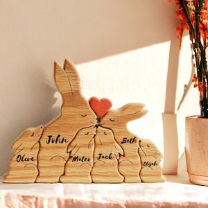 Rompecabezas de la familia del conejito de madera, rompecabezas del nombre de la familia grabado, regalo del recuerdo de la familia del conejo, familia de animales, regalo para los niños, regalo del día de la madre para ella