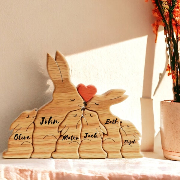 Hasen-Familienpuzzle aus Holz, graviertes Familiennamen-Puzzle, Kaninchen-Familien-Andenken, Tierfamilie, Geschenk für Kinder, Muttertagsgeschenk für Sie