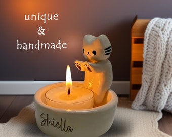 Cartoon Kitten Candle Holder, Cute Cat Tea Light Holder, Handmade Plaster CandleHolder Decor, Unique Valentines Day Gift, Gift for Cat Lover