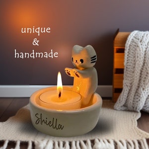 Cartoon Kitten Candle Holder, Cute Cat Tea Light Holder, Handmade Plaster CandleHolder Decor, Unique Valentines Day Gift, Gift for Cat Lover