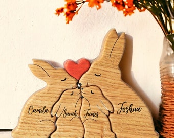 Personalized Bunny Family Puzzle, Custom Name Wooden Family Puzzle, Rabbit Family Puzzle, Bunny Family with Hearth, Easter Day Gifts for Her