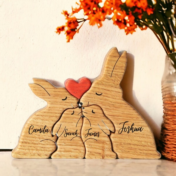 Personalized Bunny Family Puzzle, Custom Name Wooden Family Puzzle, Rabbit Family Puzzle, Bunny Family with Hearth, Easter Day Gifts for Her