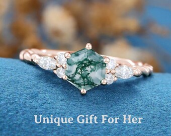 Minimalist Moss Agate Hexagon Cut Solitaire Ring, Dainty Mossy Agate Ring, Nature Inspired Wedding & Engagement Ring, Anniversary For Women