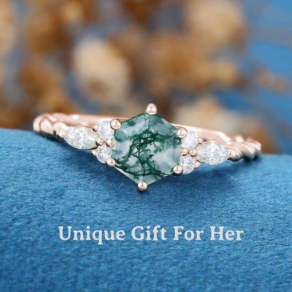 Minimalist Moss Agate Hexagon Cut Solitaire Ring, Dainty Mossy Agate Ring, Nature Inspired Wedding & Engagement Ring, Anniversary For Women