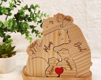 Bären-Familienpuzzle aus Holz, Familienandenken-Geschenke, Bären-Umarmung, graviertes Familiennamen-Puzzle, Tierfamilie-Zuhause-Geschenk, Heimdekoration, Geschenk für Kinder