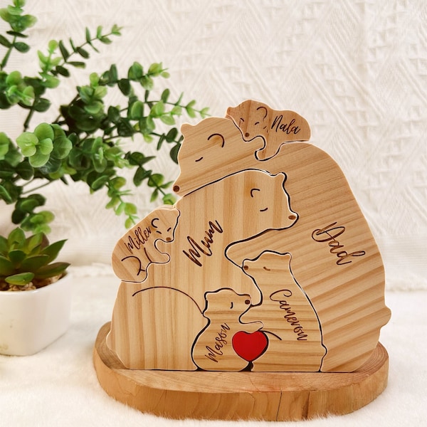 Bären-Familienpuzzle aus Holz, Familienandenken-Geschenke, Bären-Umarmung, graviertes Familiennamen-Puzzle, Tierfamilie-Zuhause-Geschenk, Heimdekoration, Geschenk für Kinder