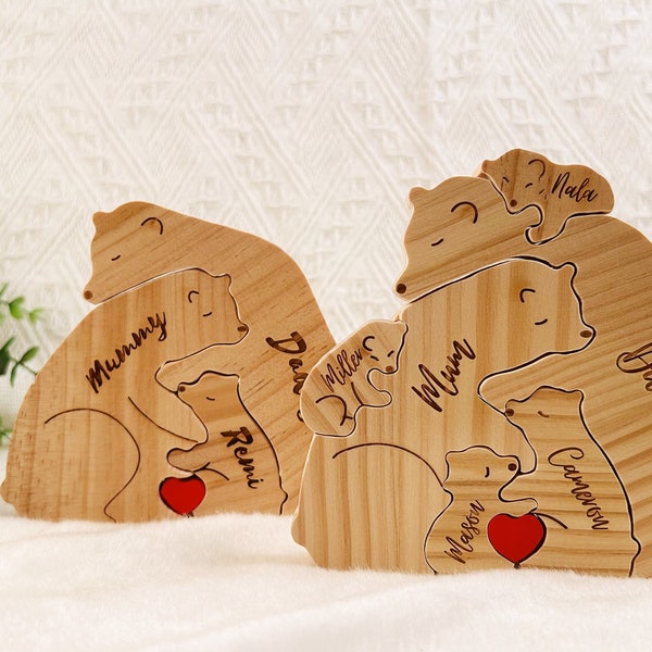 Personalized Hug Wooden Bears Puzzle, Family Keepsake Gifts, Engraved Family Name Puzzle, Animal Family Home Gift, Unique Room Decoration