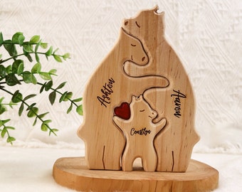 Personalisiertes Bären-Familienpuzzle aus Holz, Bärenpuzzle aus Holz mit Familiennamen, individuelles Familienandenken-Geschenk, Tierfamilie, Wohndekor-Geschenke