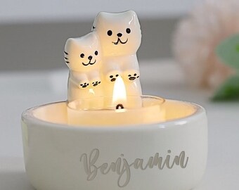 Personalized Cartoon Kitten Candle Holder, Two Cute Cat Tea Light Holder, Handmade Plaster CandleHolder Decor, Unique Gift for Cat Lover