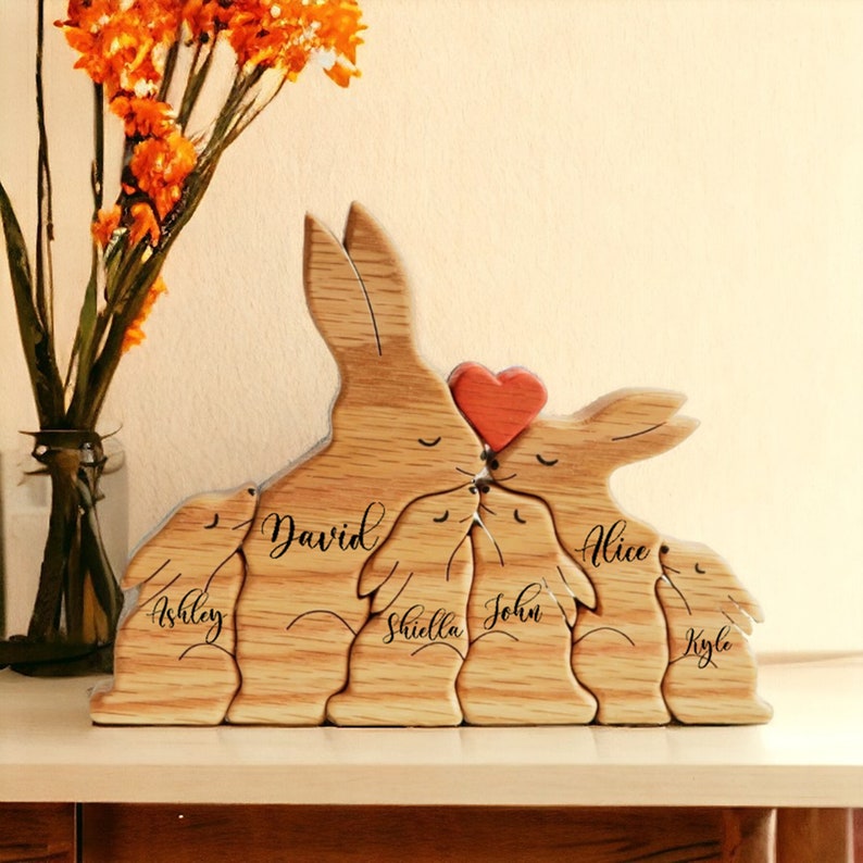 Wooden Bunny Family Puzzle, Engraved Family Name Puzzle, Rabbit Family Keepsake Gift, Animal Family,Gift for Kids, Mother's Day Gift for Her image 2