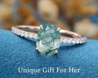 Sierlijke ovale Moss Agate verlovingsring, unieke 14K Solid Gold Moissanite Ring, Sterling Silver Moss Agate Ring, Art Deco bruids trouwring