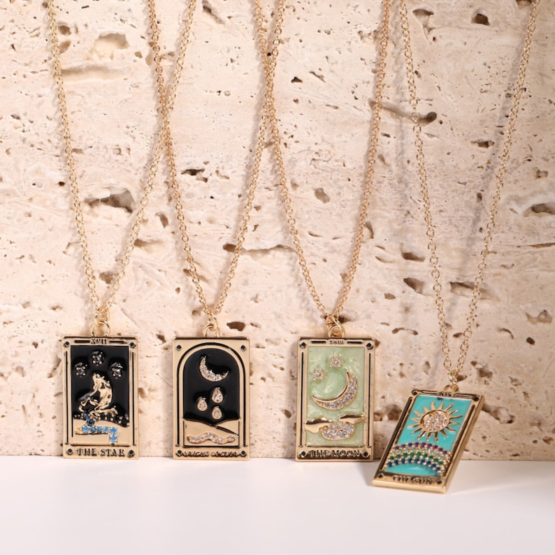 Gold Tarot Card Necklace Sun, Lover, Star, Moon, Magician, Empress Enamel Pendant Necklace, Elegant Necklace, Gold Necklace image 3