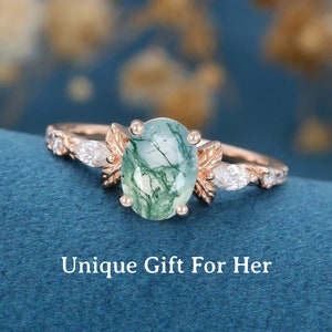 Moss Agate Engagement Ring, 14k Gold Unique Oval Engagement Ring,Vintage Cluster Marquise Diamond Moissanite Wedding Ring,Promise Ring Women