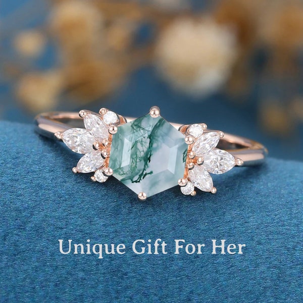 Gold Hexagon Moss Agate Ring, Natural Moss Agate Sterling Silver Ring, Dainty Moss Agate Ring, Promise-Anniversary Ring for Women Birthday