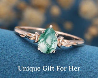 Moss Agate Silver Promise Ring for Her, Unique Moss Agate Engagement Ring, Anniversary Ring Gift, Gemstone Ring, Moss Agate Wedding Ring